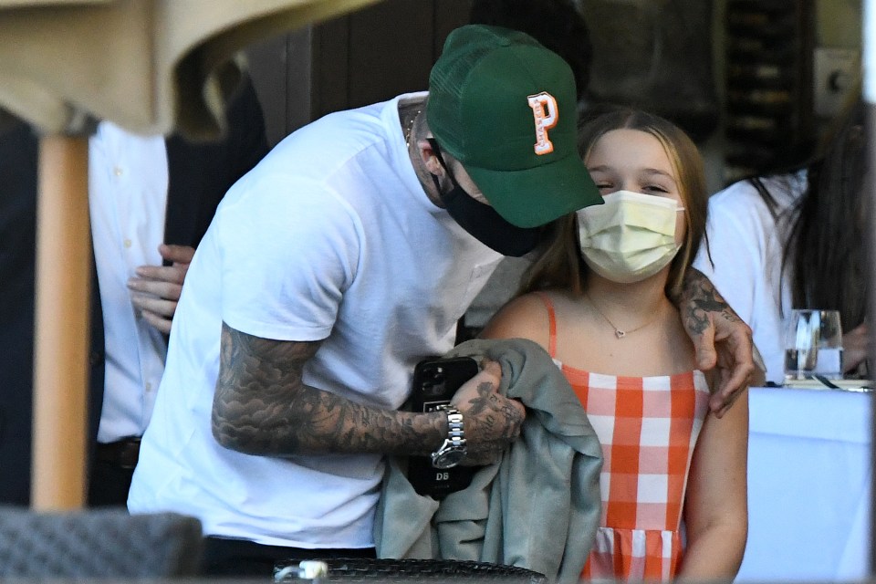 David and nine-year-old Harper shared a joke as they left the restaurant