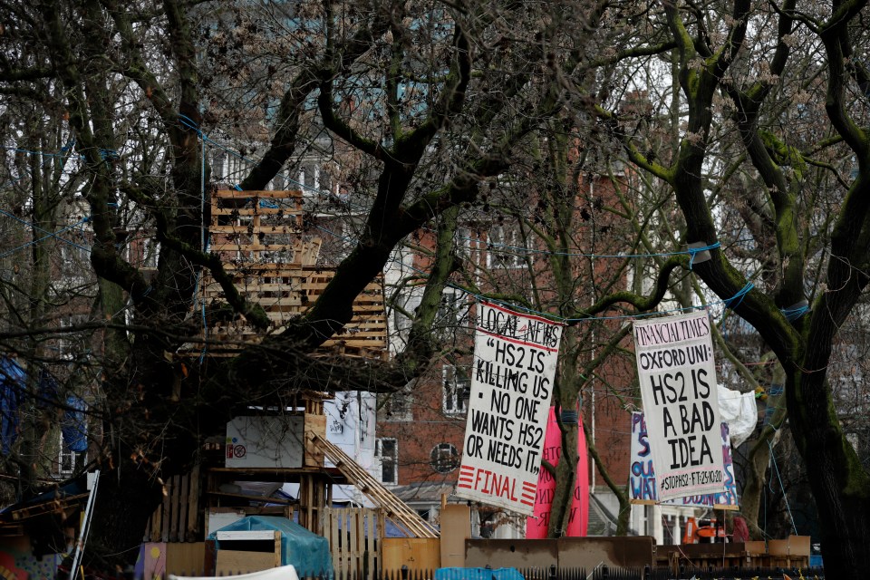 Anti HS2 protest banners at the camp