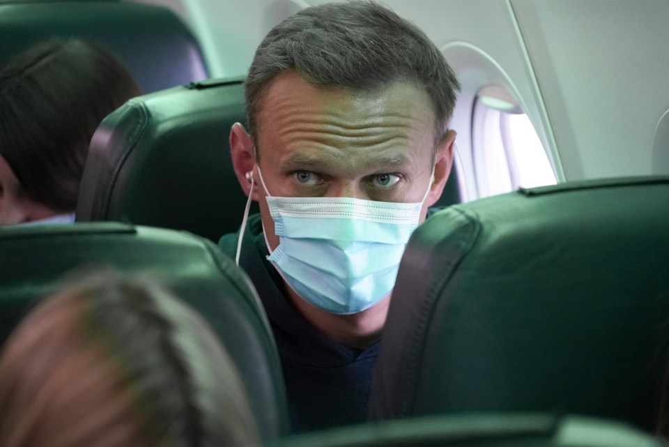 Navalny pictured on his flight to Russia yesterday