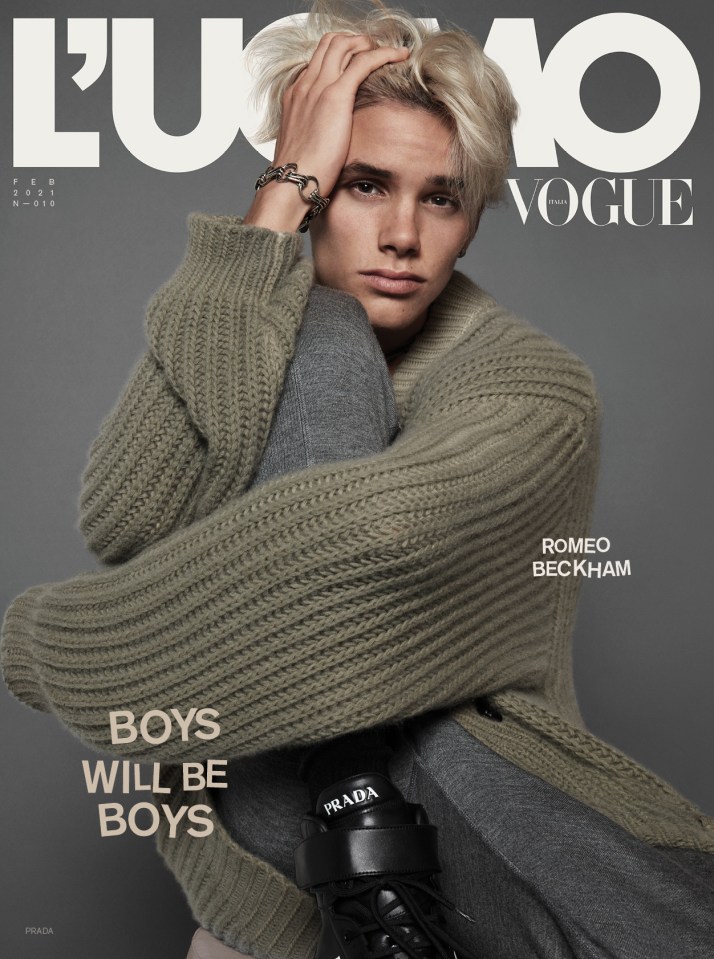 Romeo Beckham poses in his first magazine cover with L'Uomo Vogue