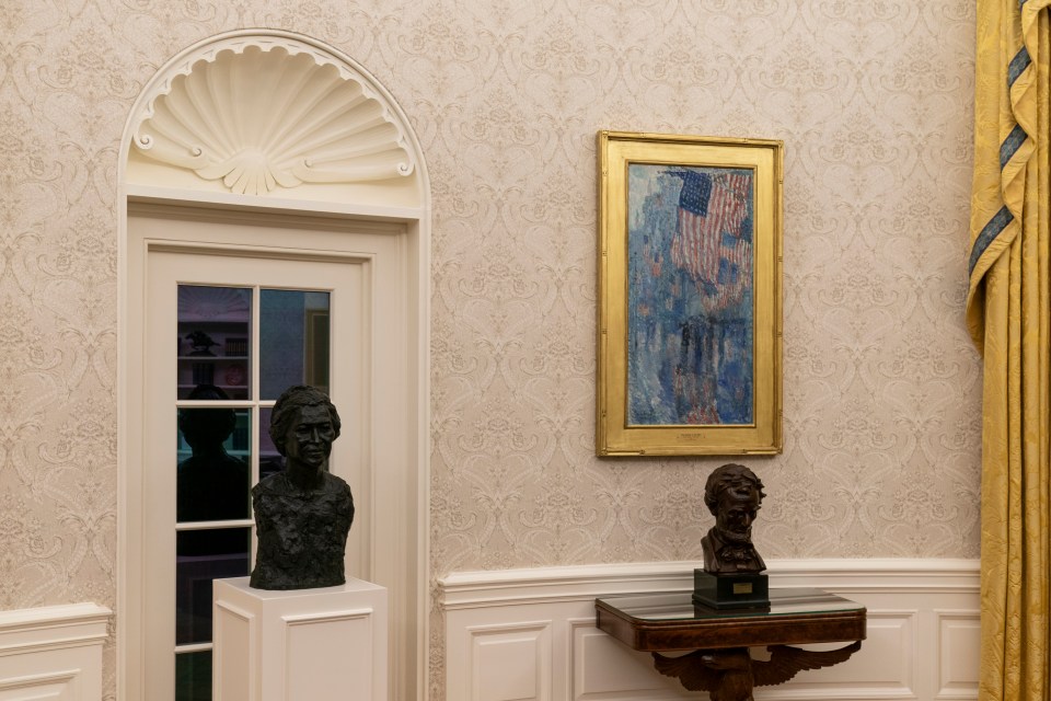 The newly decorated office includes busts of civil rights leader Rosa Parks, left, and President Abraham Lincoln