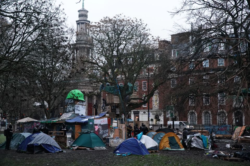 Tents are seen setting up at Euston Station 