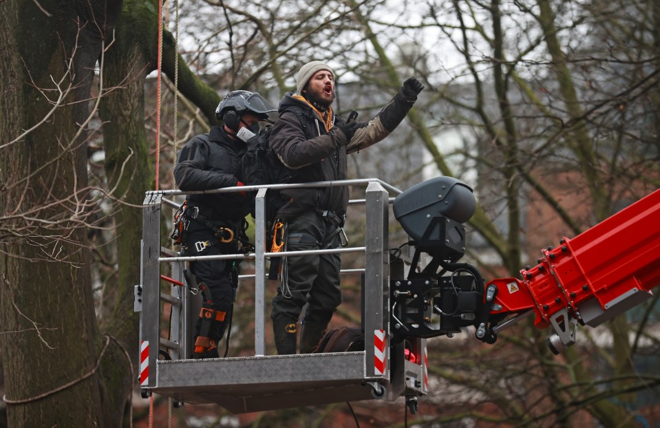 One man sang as he was brought down from the trees