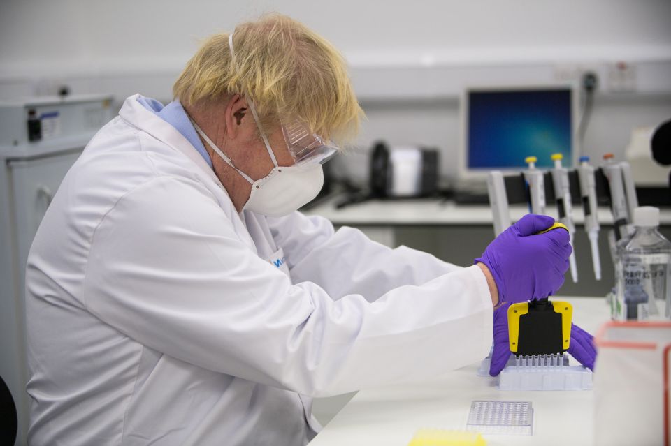 Boris Johnson was pictured this week at the French biotechnology laboratory Valneva in Livingston, Scotland, where they will be producing a Covid 19 vaccine 