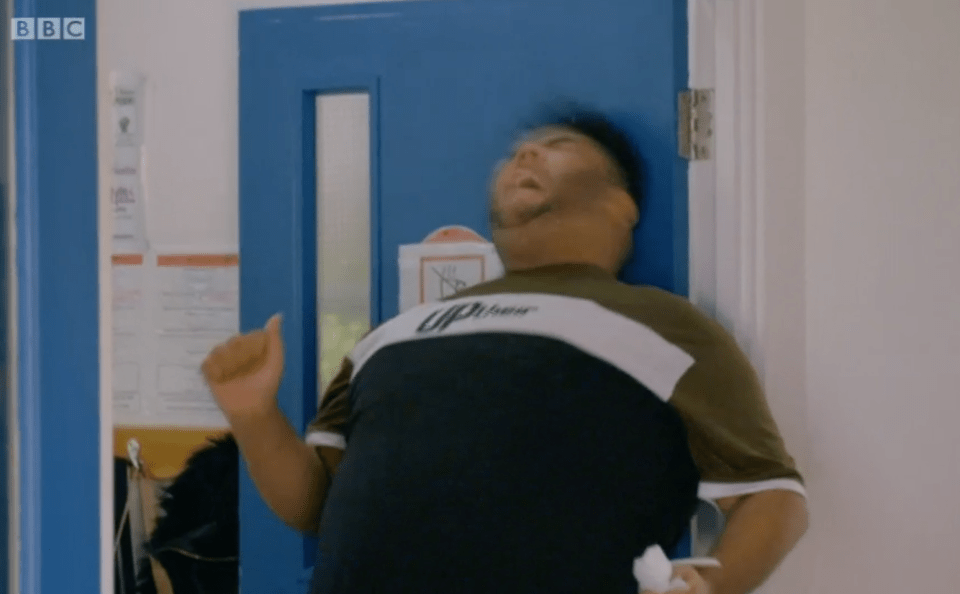 The disabled teen is seen lashing out and banging his head against a door