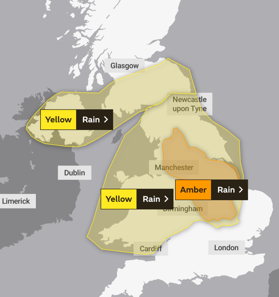 Yellow and amber rain warnings are in place across parts of Britain today