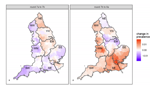 This heat map shows where outbreaks have grown or shrunk between the latest rounds of testing