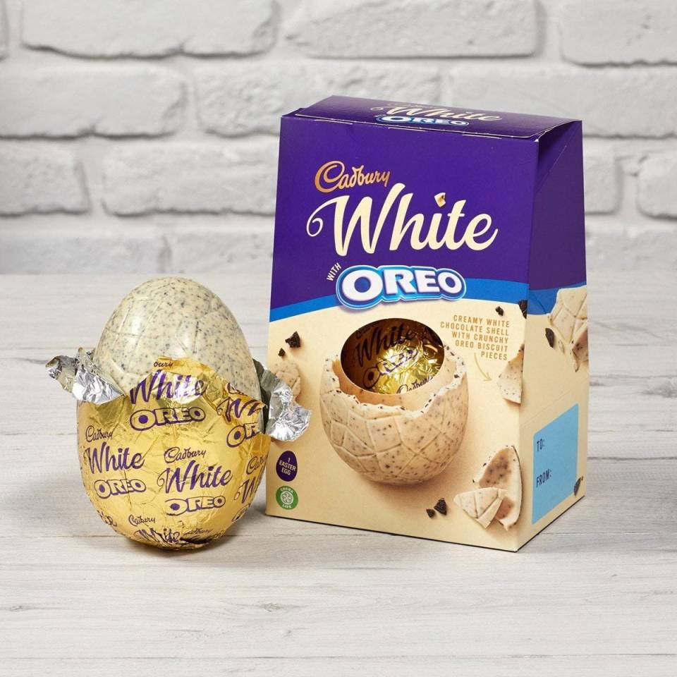 The white chocolate egg has chunks of Oreo in