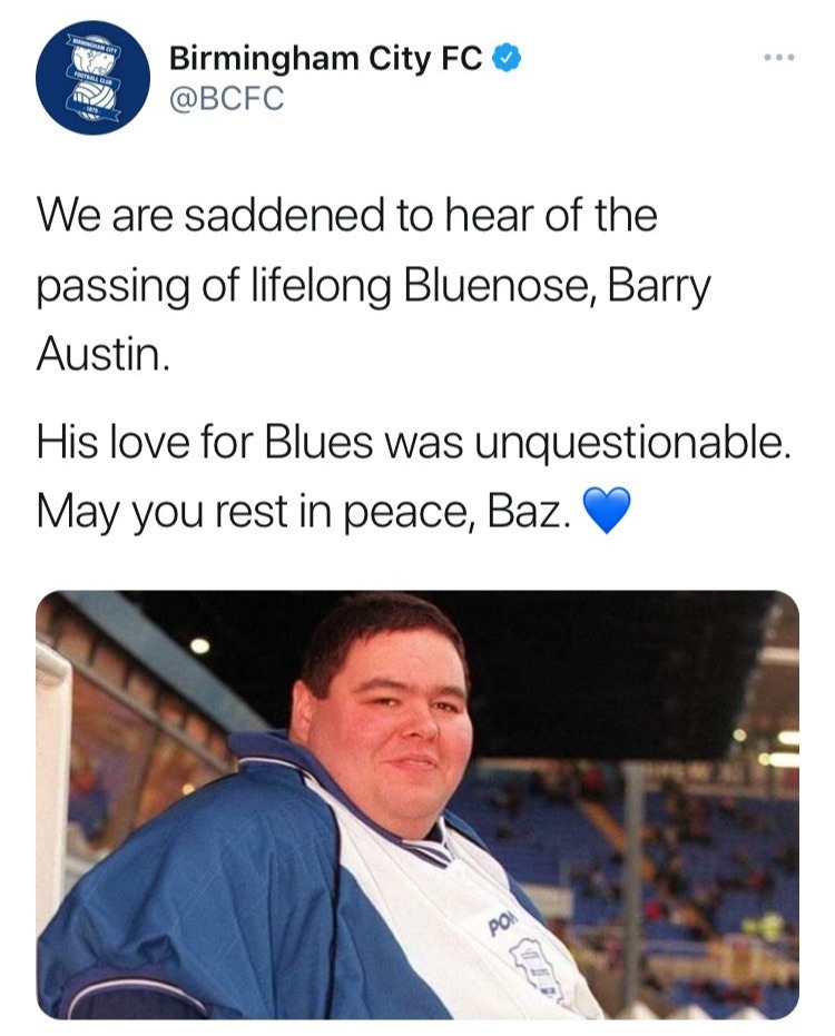 Birmingham City have paid tribute to Blues fan Barry, who had his own custom-built seat at the club's St Andrew's ground