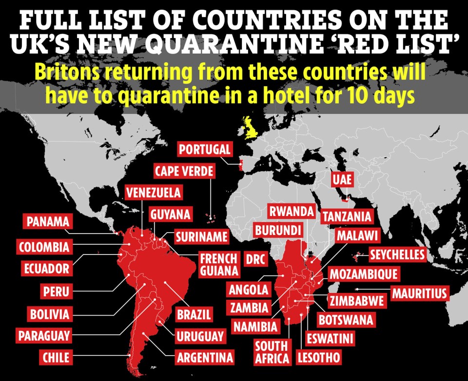 Travellers arriving from 'red list' countries will have to isolate for 10 days in quarantine hotels