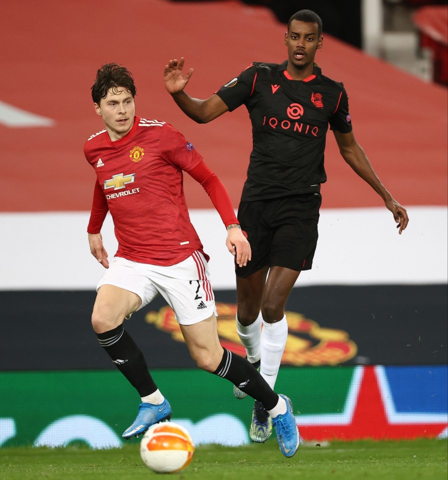 Man Utd defender Victor Lindelof is shadowed by Sociedad's Alexander Isak as he adapted to playing with new central defensive partner Eric Bailly