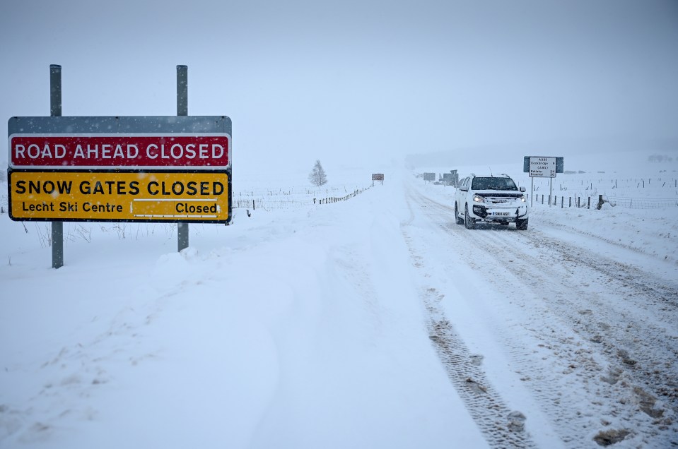 A closed road sign on the A939 towards the Lecht Ski centre in Tomintoul, Scotland as Brits were warned to stay off the road