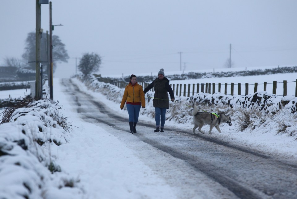 People walk their dog down a snow-covered road in West Yorkshire