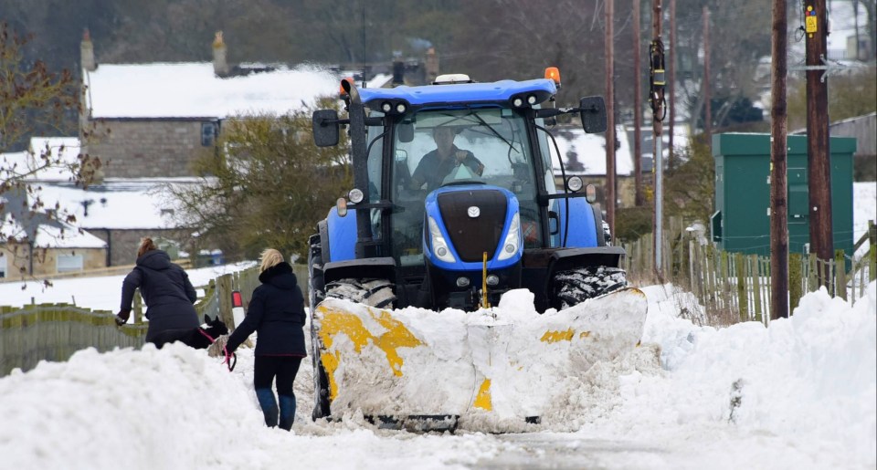 Dog walkers are forced to climb over a mound of snow to make way for a snow plough clearing the roads of snow in Whitton