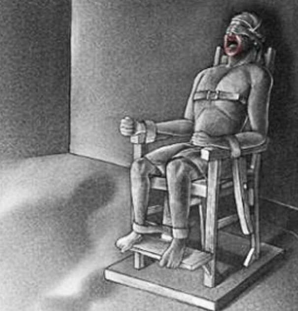 A depiction of electric shock torture in an Iranian prison