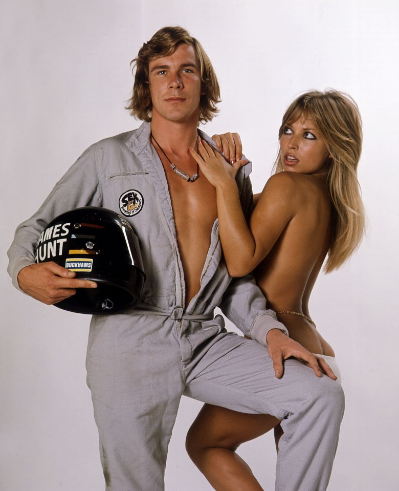 F1 driver James Hunt with Page 3 girl Susan Shaw in 1973