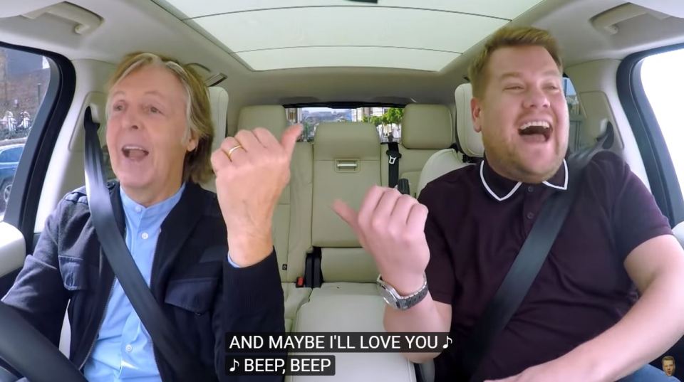 James and Sir Paul McCartney joke on The Late Late Show Carpool Karaoke segment