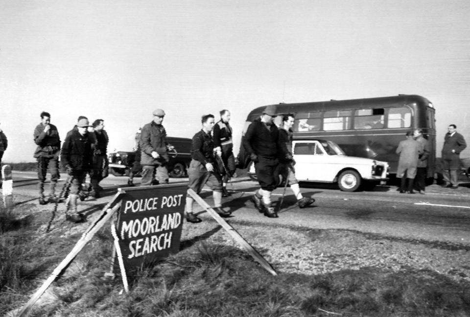 A search party leave from the police control van to search the moors for missing childrem believed killed by Ian Brady and Myra Hindley