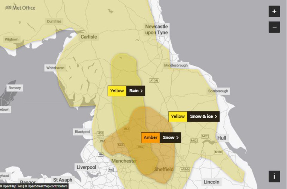 A rare amber snow warning with “potential risk to life” has been issued for today