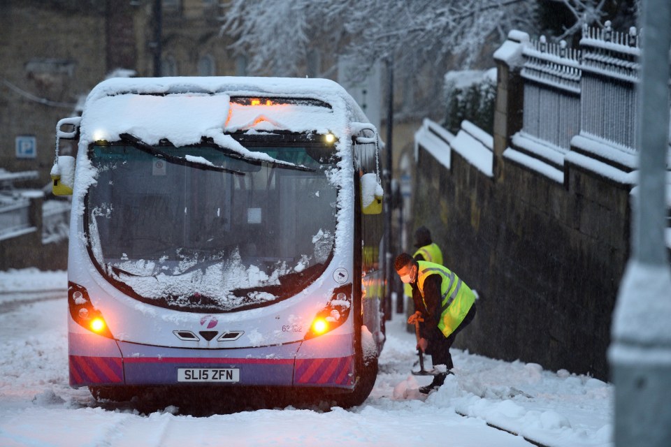 A bus becomes stuck in the snow in Church Bank, Bradford, at around 7.30am on February 2, 2021