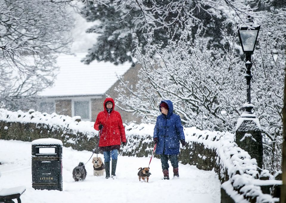 People walk dogs in Knaresborough in North Yorkshire after snow fell overnight