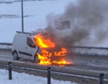 A photo posted to Twitter shows a van on fire on the westbound M62 at around 8.30am this morning during bad weather conditions