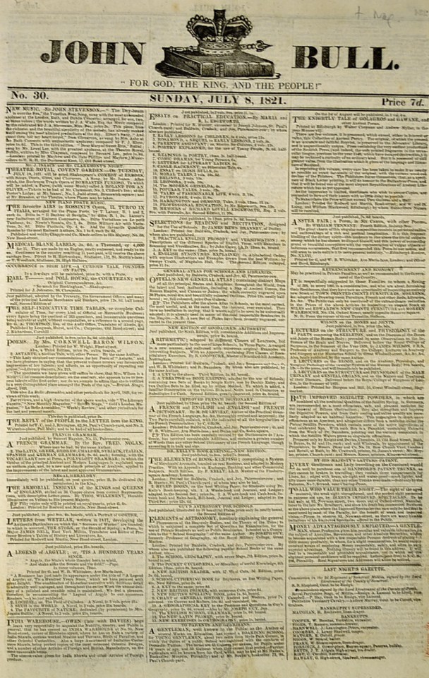 Theodore Hook launched Sunday newspaper The John Bull in 1820