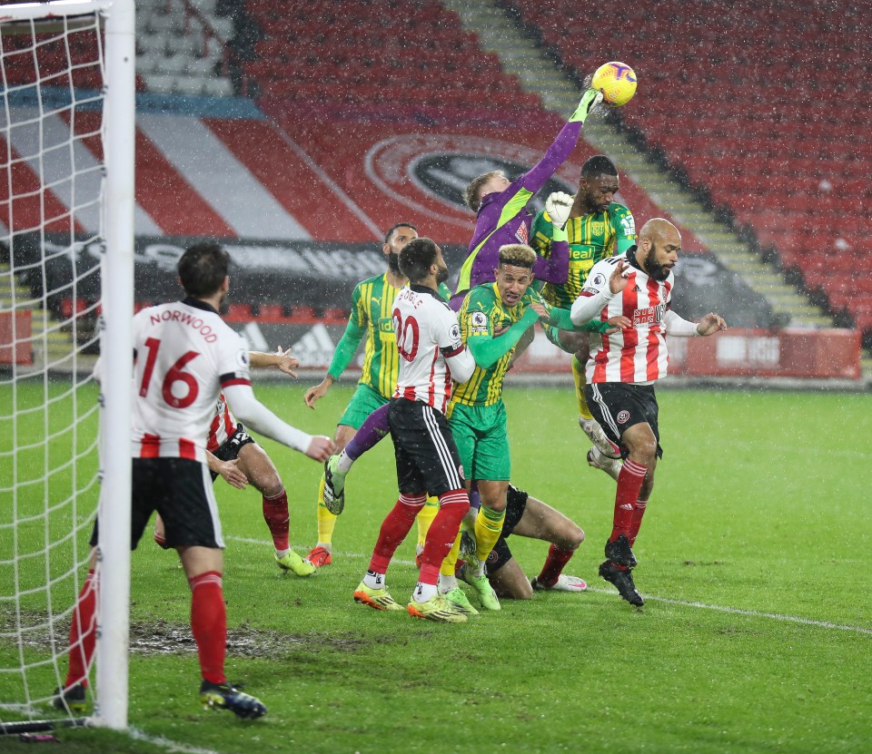  Sheffield United keeper Aaron Ramsdale punches clear in the basement battle