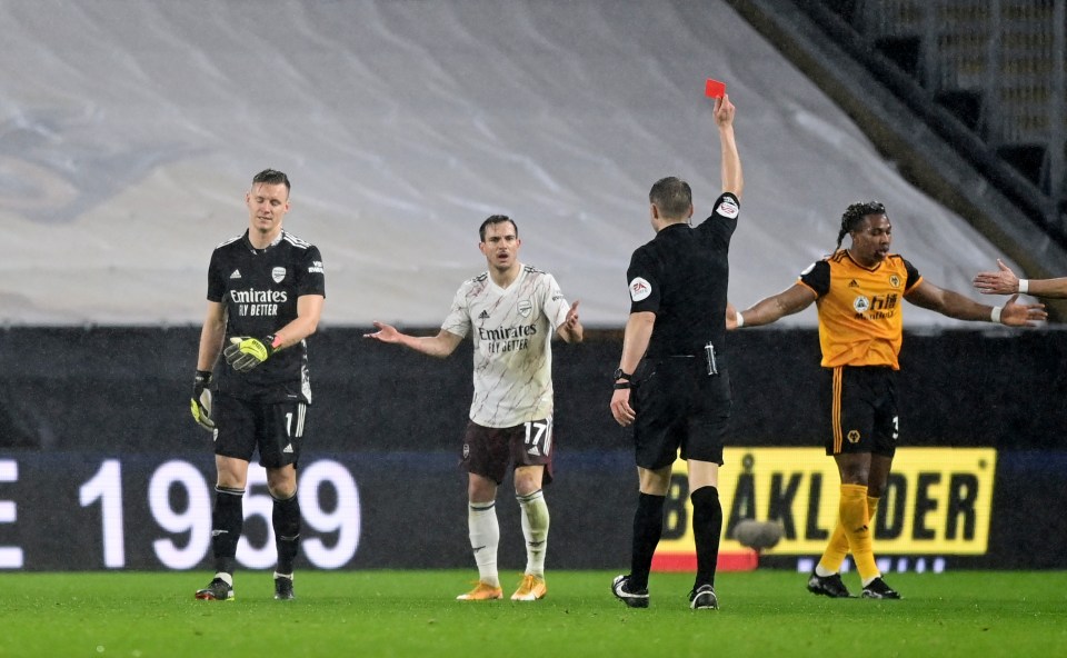 Gunners goalie Bernd Leno was sent off for handling outside the box