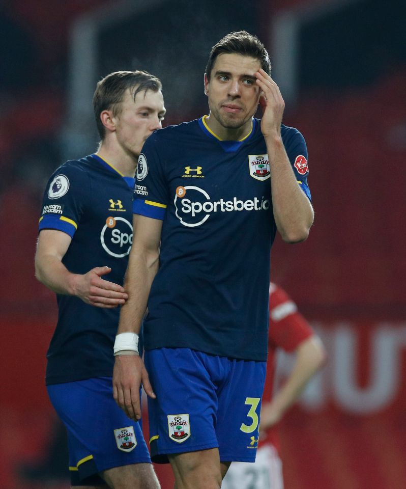 Having netted a first-half own goal, Jan Bednarek's expression says it all as the Southampton centre-back is sent off late on