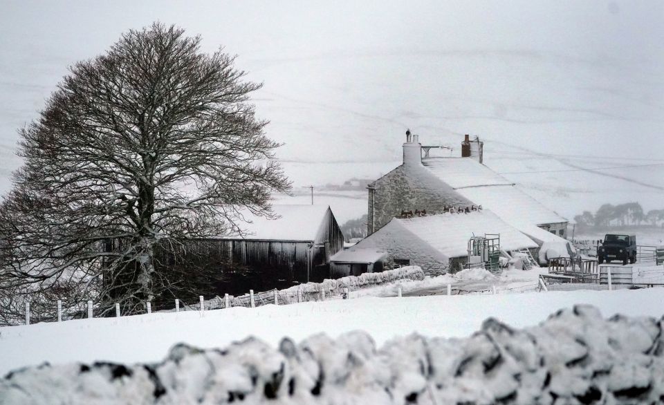 A snow-covered cottage in the village of Harwood in Teesdale, Durham, 