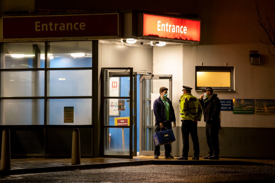 Police outside the entrance of Crosshouse Hospital in Kilmarnock