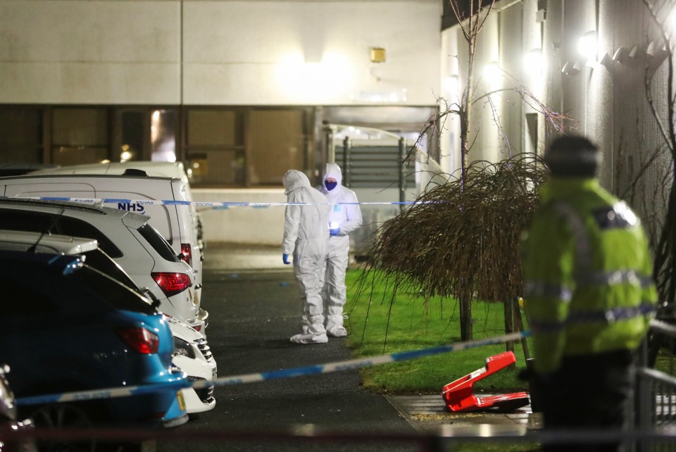 Forensics officers at the scene at Crosshouse Hospital