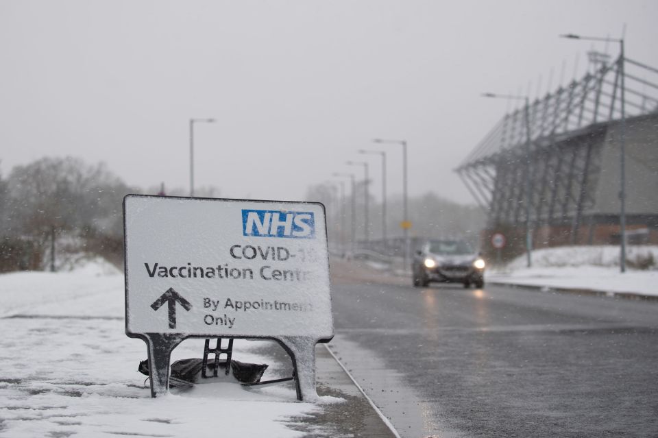 The NHS Covid-19 vaccination centre at the Jobserve Community Stadium in Colchester was forced to close due to snow on Sunday