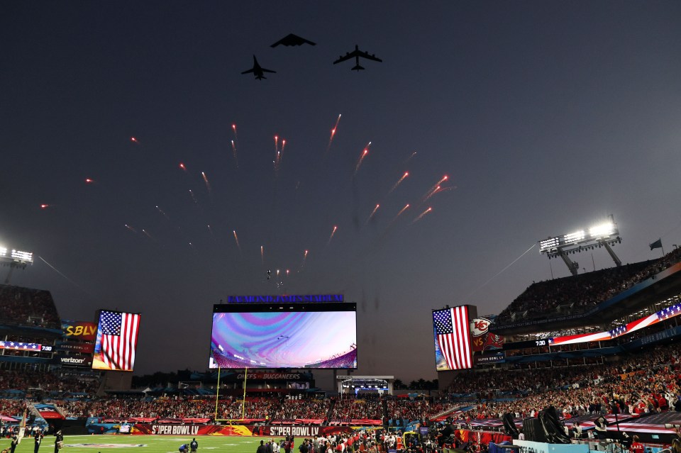 The pre-game flyover just before Super Bowl LV began