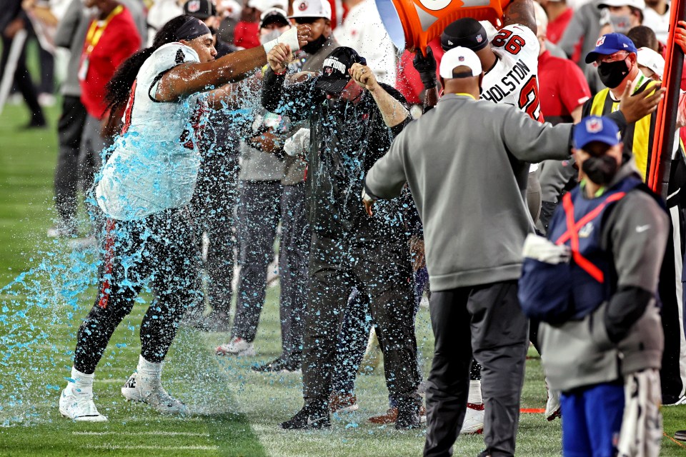 Head coach Bruce Arians gets a Gatorade shower