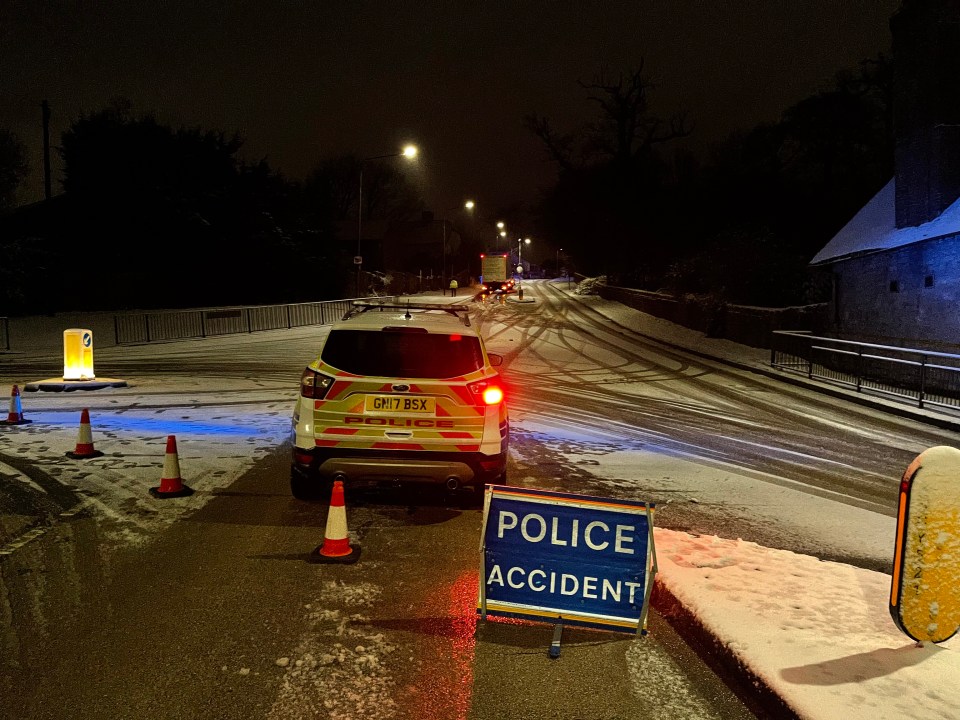 Police closed roads in Kent last night after heavy snow made carriageways dangerous