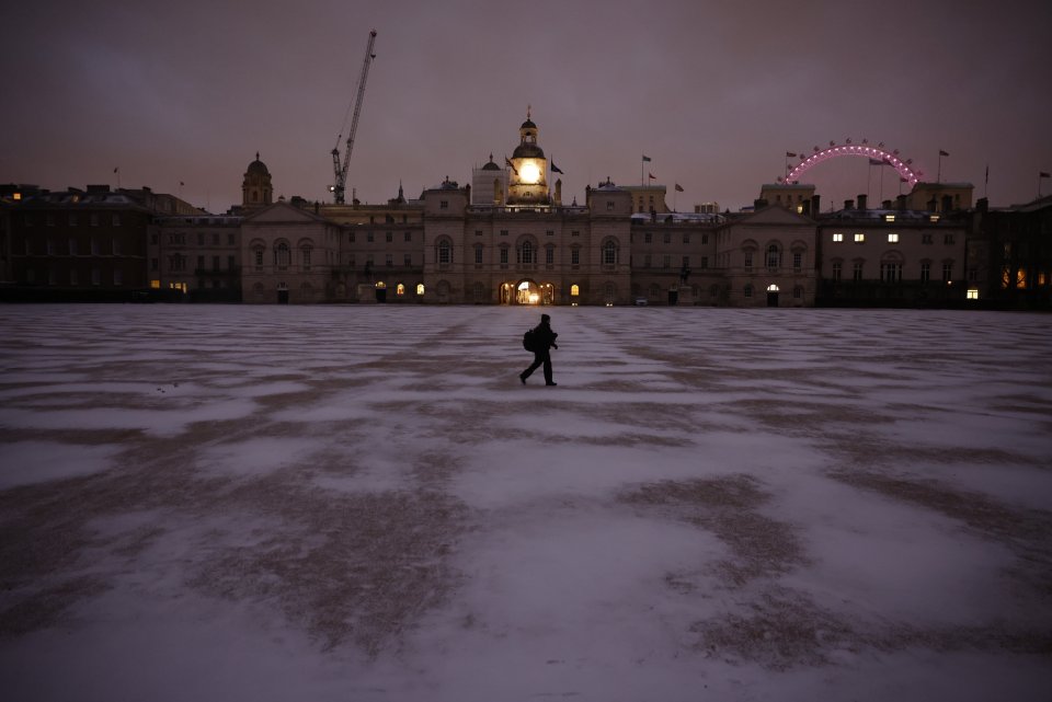 Horse Guards Parade in London was dusted with snow as the snow rose