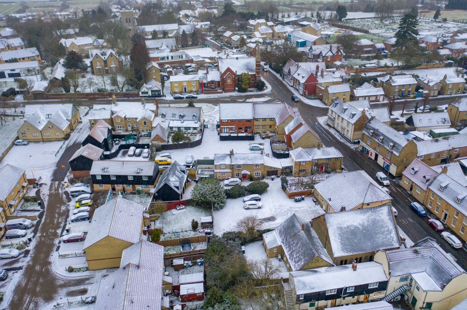 Fresh snowfall over the village of Haddenham in Cambridgeshire