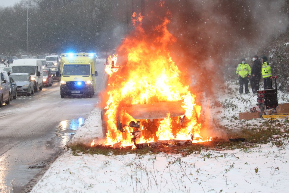 In Maidstone, a van burst into flames on the A229 after the driver turned on the heater in a bid to clear snow from the windscreen