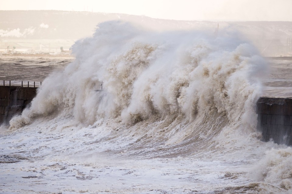 Waves hit the Headland Pier in Hartlepool today