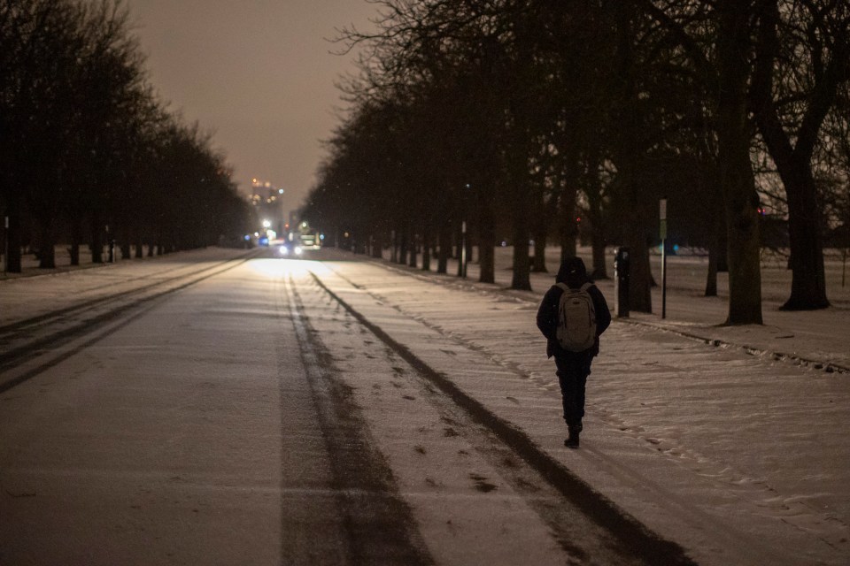 A member of the public walks in a snowy Greenwich Park in South East London