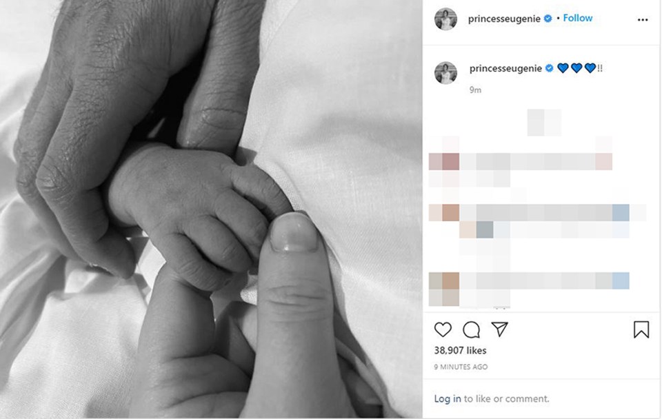 Eugenie announced her baby joy on Instagram earlier this month with a picture of the baby's tiny hand and three blue heart emojis