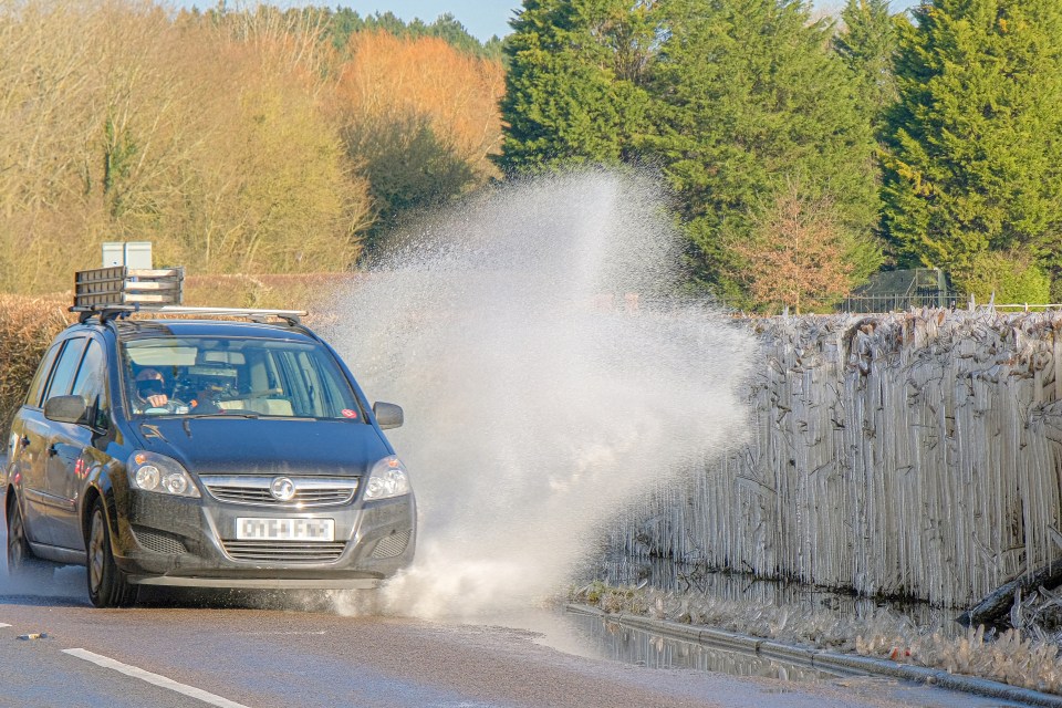 A natural ice sculpture has formed on bushes and hedges along a road in Leatherhead, Surrey