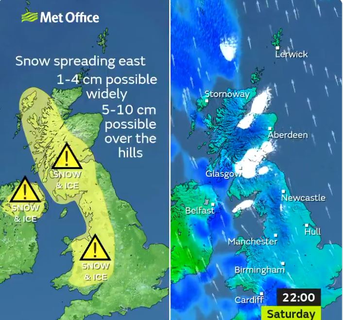 Met Office weather maps show that up to 10cm of snow could fall over hills in Northern Scotland and the North West of England on Saturday