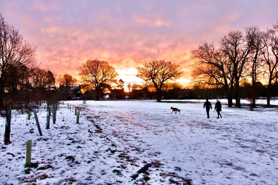 Snow begins to thaw over Christchurch Park, Ipswich, Suffolk