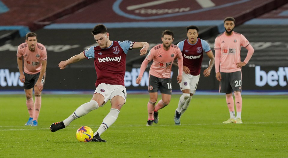 West Ham skipper Rice buried the spot-kick in the 3-0 win