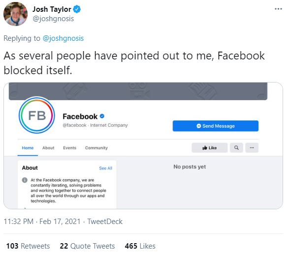 Facebook has also blocked its own page