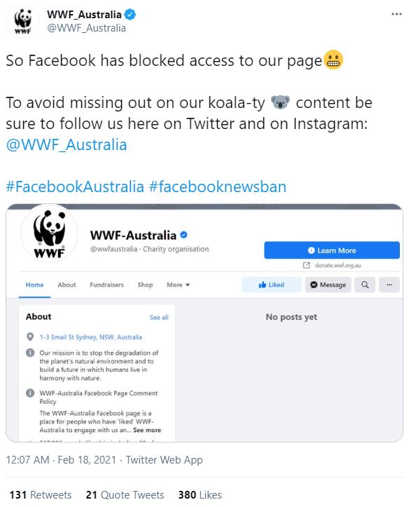 Facebook has blocked access to WWF Australia's page too