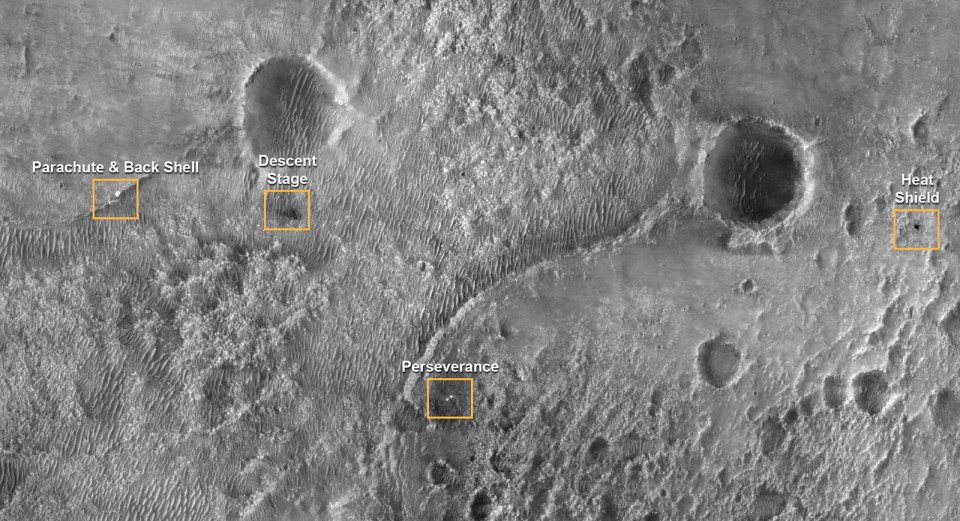 The first image of NASA’s Perseverance Rover on the surface of Mars from the High Resolution Imaging Experiment (HiRISE) camera aboard NASA’s Mars Reconnaissance Orbiter (MRO)